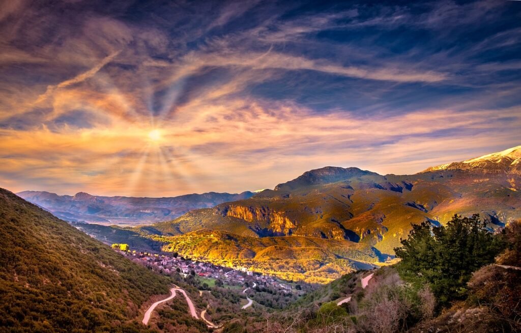 village, hills, greece, sky, sun, clouds, nature, panoramic, landscape, village, village, greece, greece, greece, greece, greece